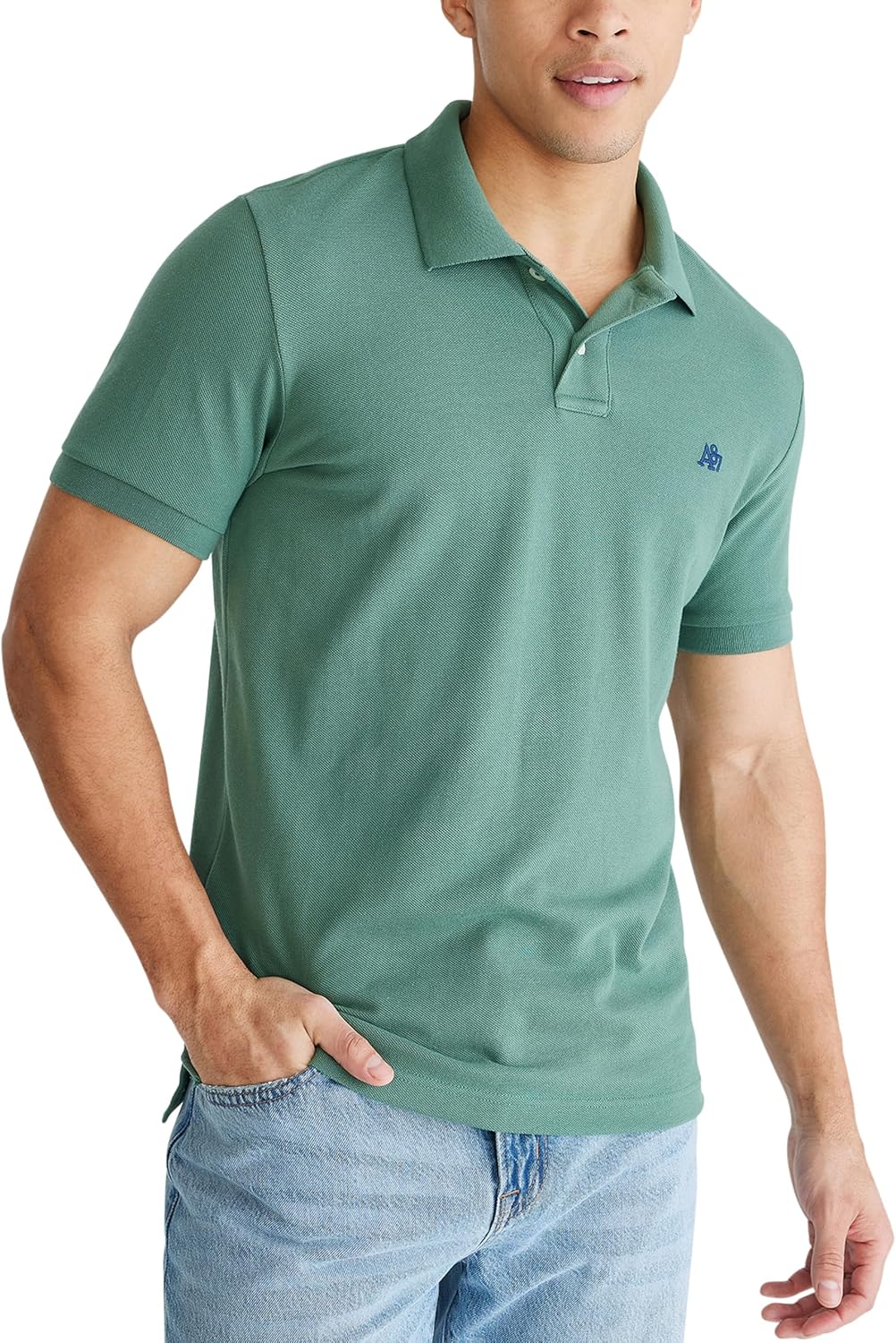 Men's Solid Green Short Sleeve Polo Shirt, Cotton Blend