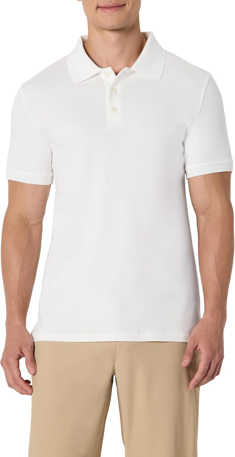 Men's White Short Sleeve Polo Shirt, Interlock Fabric