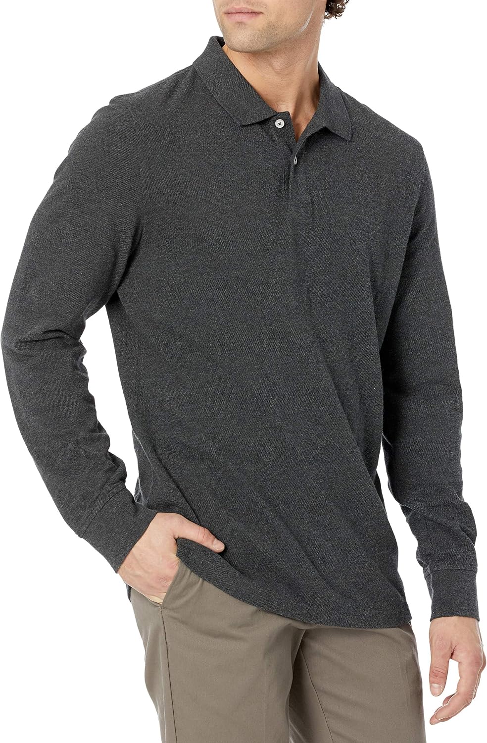 Men's Black Pique Polo Shirt, Long Sleeve, Cotton Blend - Image 12
