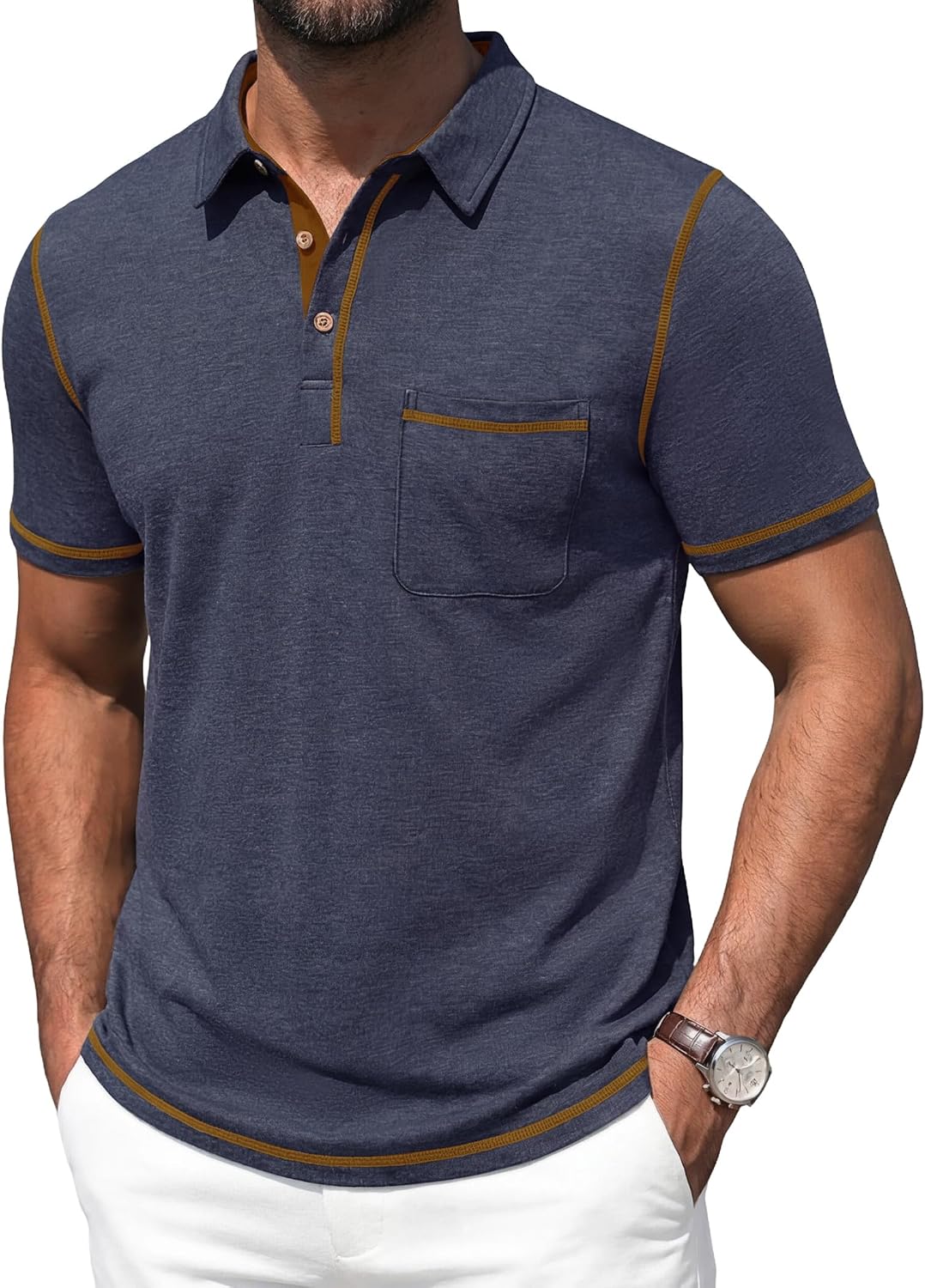 Men's Short Sleeve Polo, Cotton Blend, Contrast Stitching - Image 13