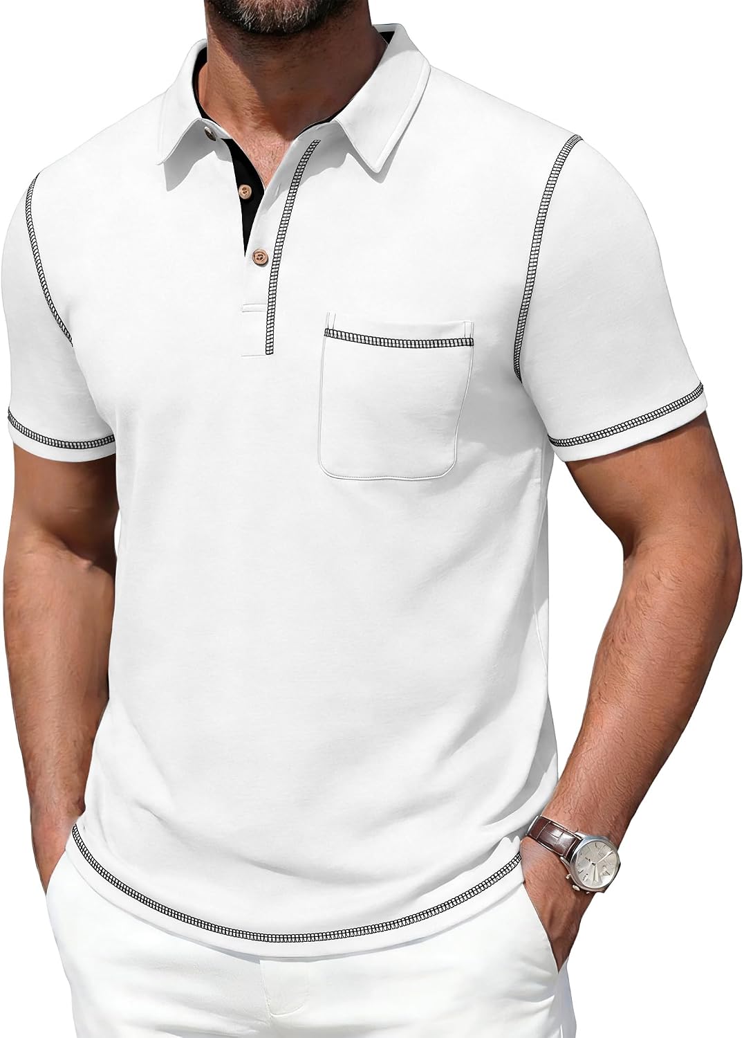 Men's Short Sleeve Polo, Cotton Blend, Contrast Stitching - Image 14