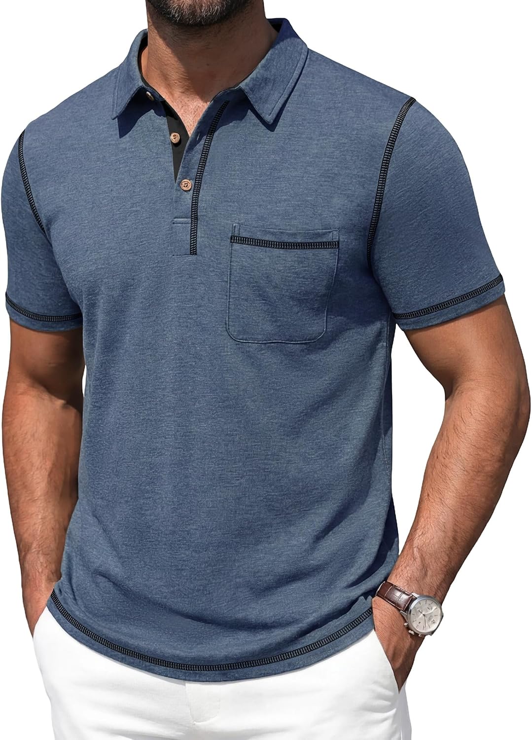 Men's Short Sleeve Polo, Cotton Blend, Contrast Stitching - Image 11
