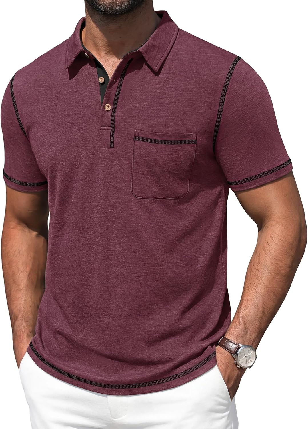 Men's Short Sleeve Polo, Cotton Blend, Contrast Stitching - Image 9