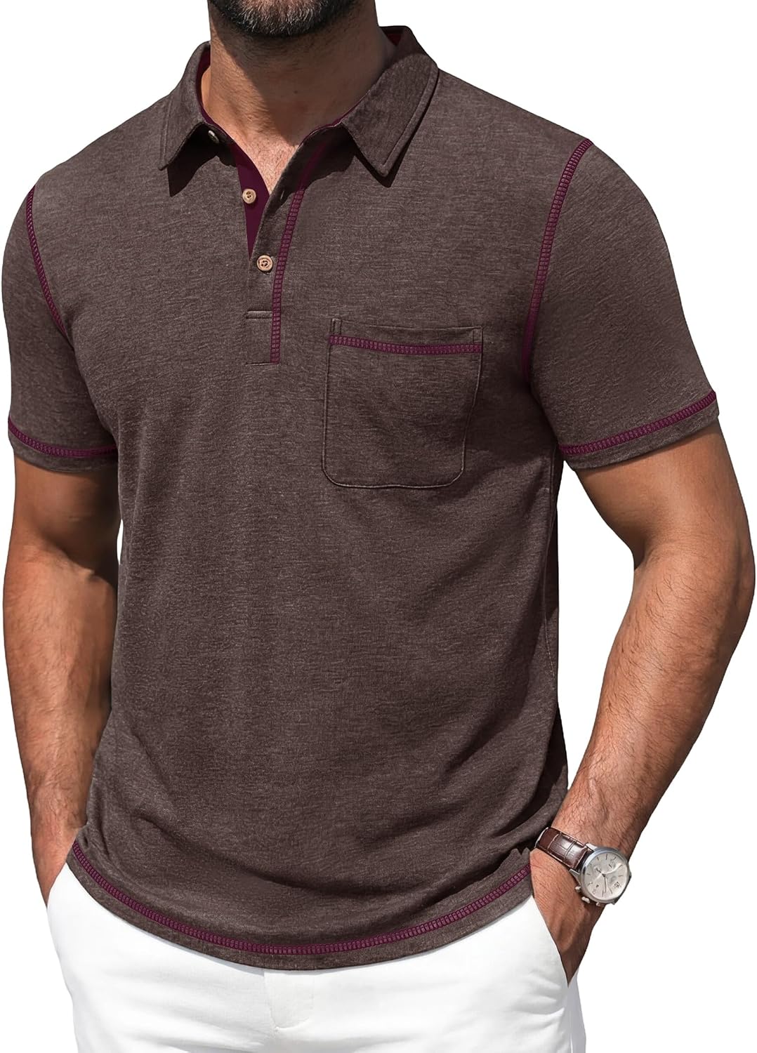 Men's Short Sleeve Polo, Cotton Blend, Contrast Stitching - Image 12