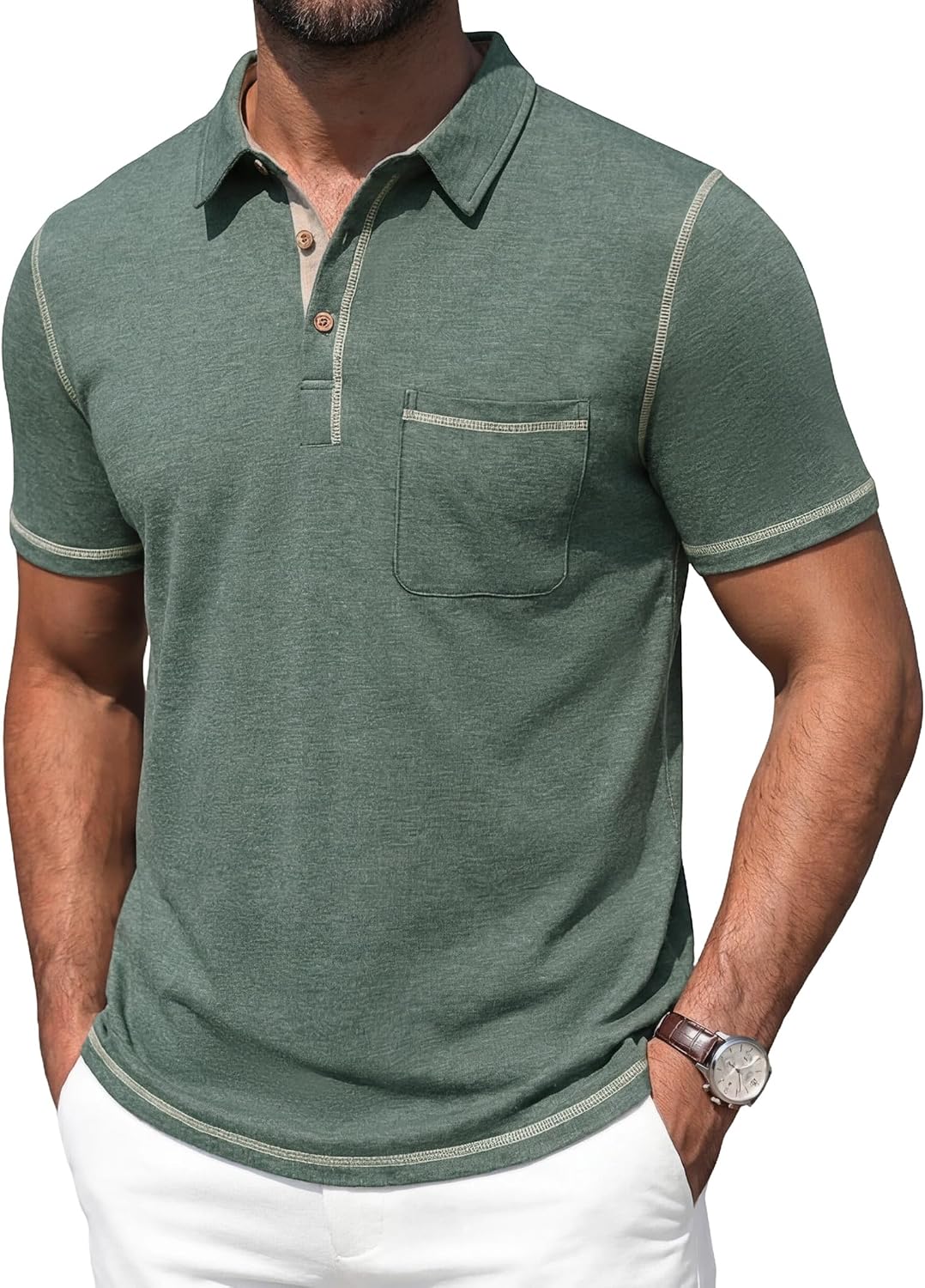 Men's Short Sleeve Polo, Cotton Blend, Contrast Stitching
