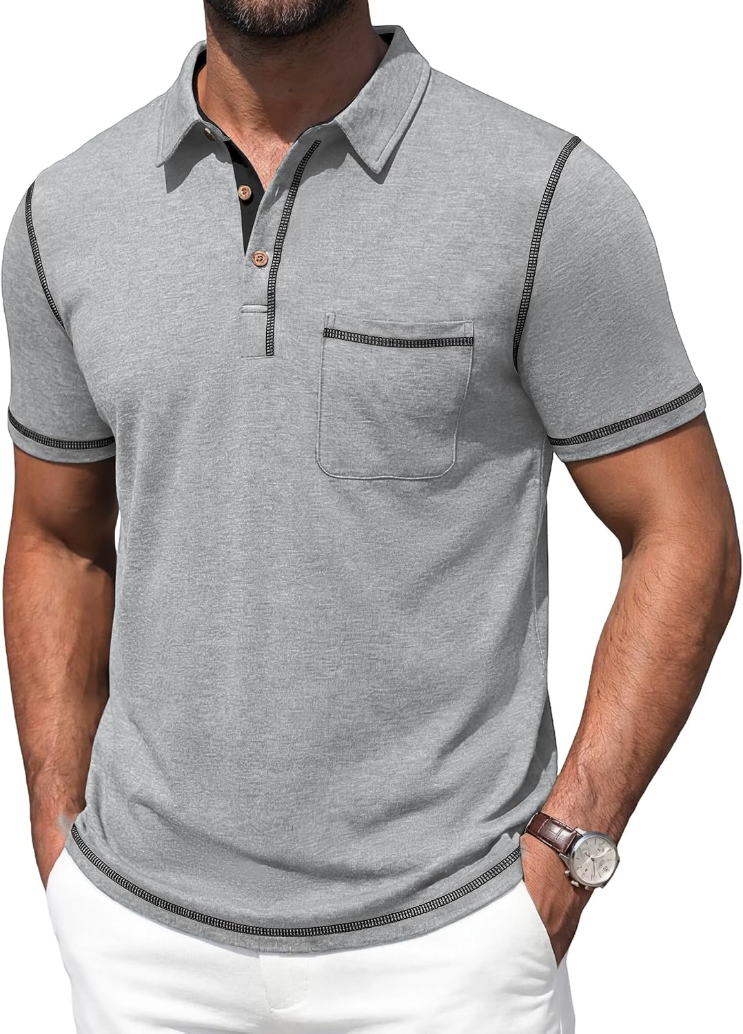 Men's Short Sleeve Polo, Cotton Blend, Contrast Stitching - Image 15