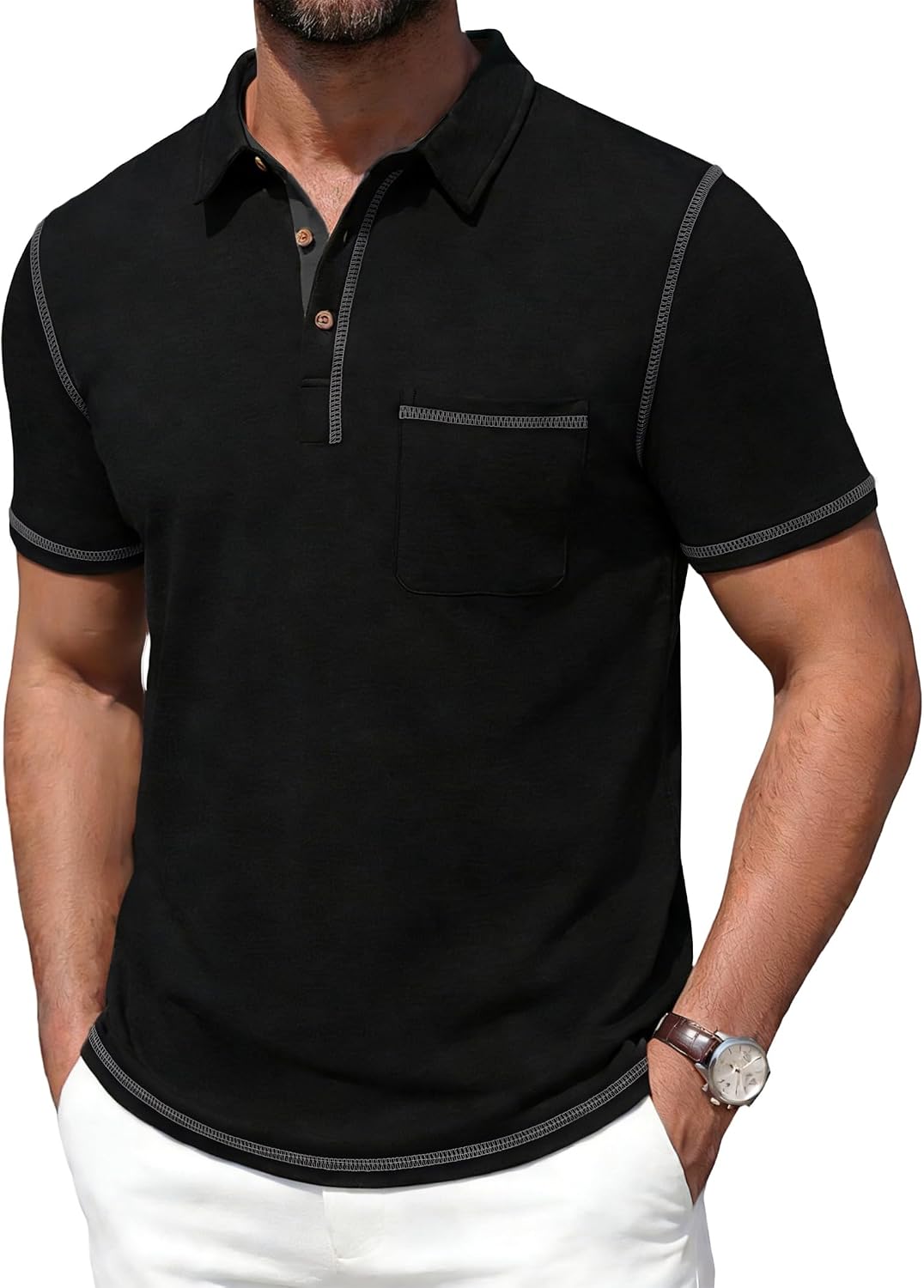 Men's Short Sleeve Polo, Cotton Blend, Contrast Stitching - Image 8