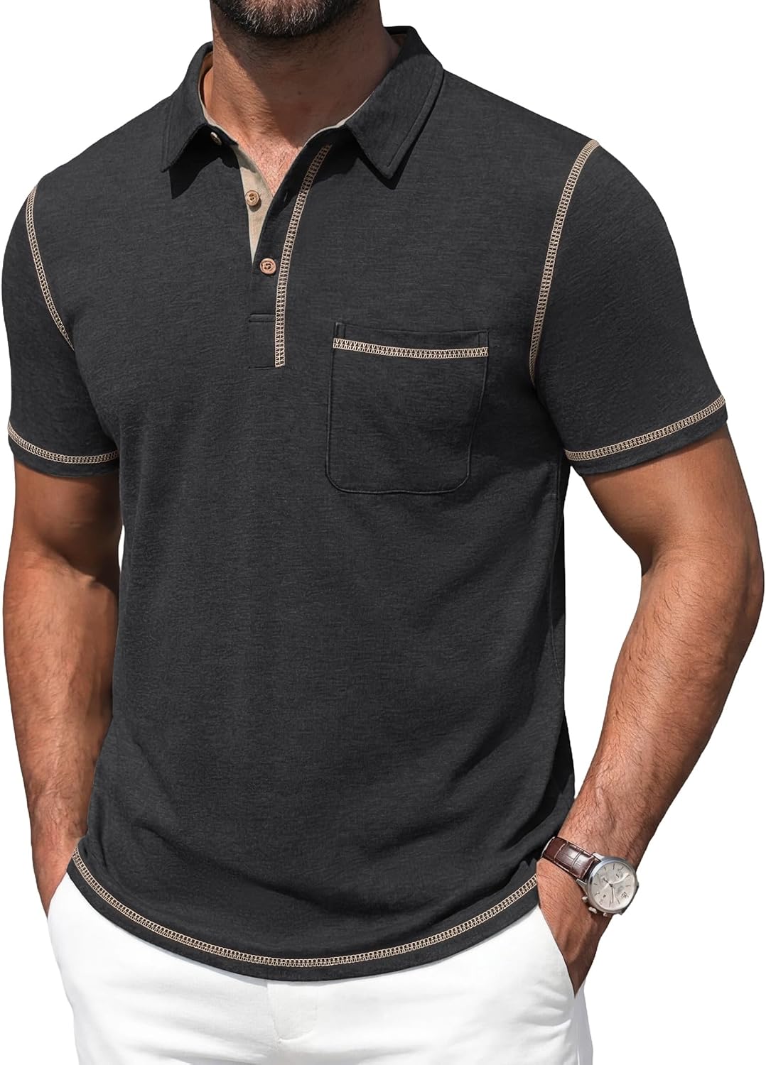 Men's Short Sleeve Polo, Cotton Blend, Contrast Stitching - Image 10