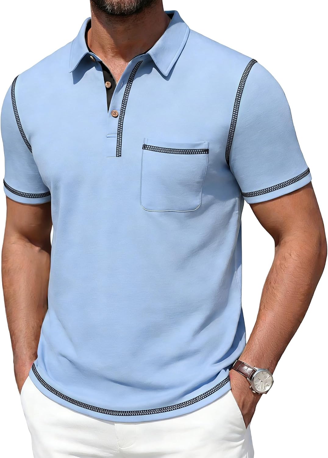 Men's Short Sleeve Polo, Cotton Blend, Contrast Stitching - Image 7