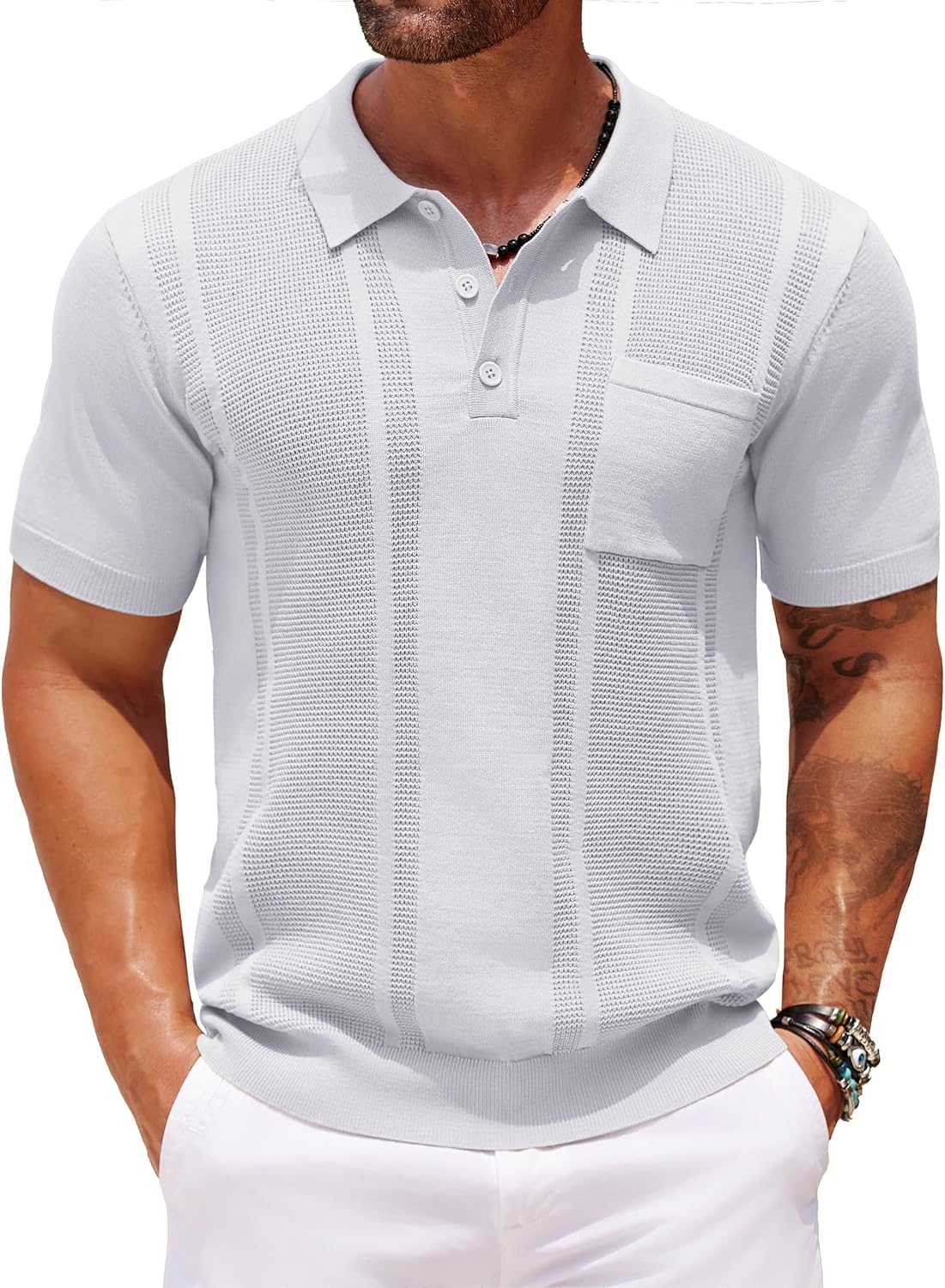 Men's Knit Polo Shirt, Short Sleeve, Textured, with Pocket - Image 15