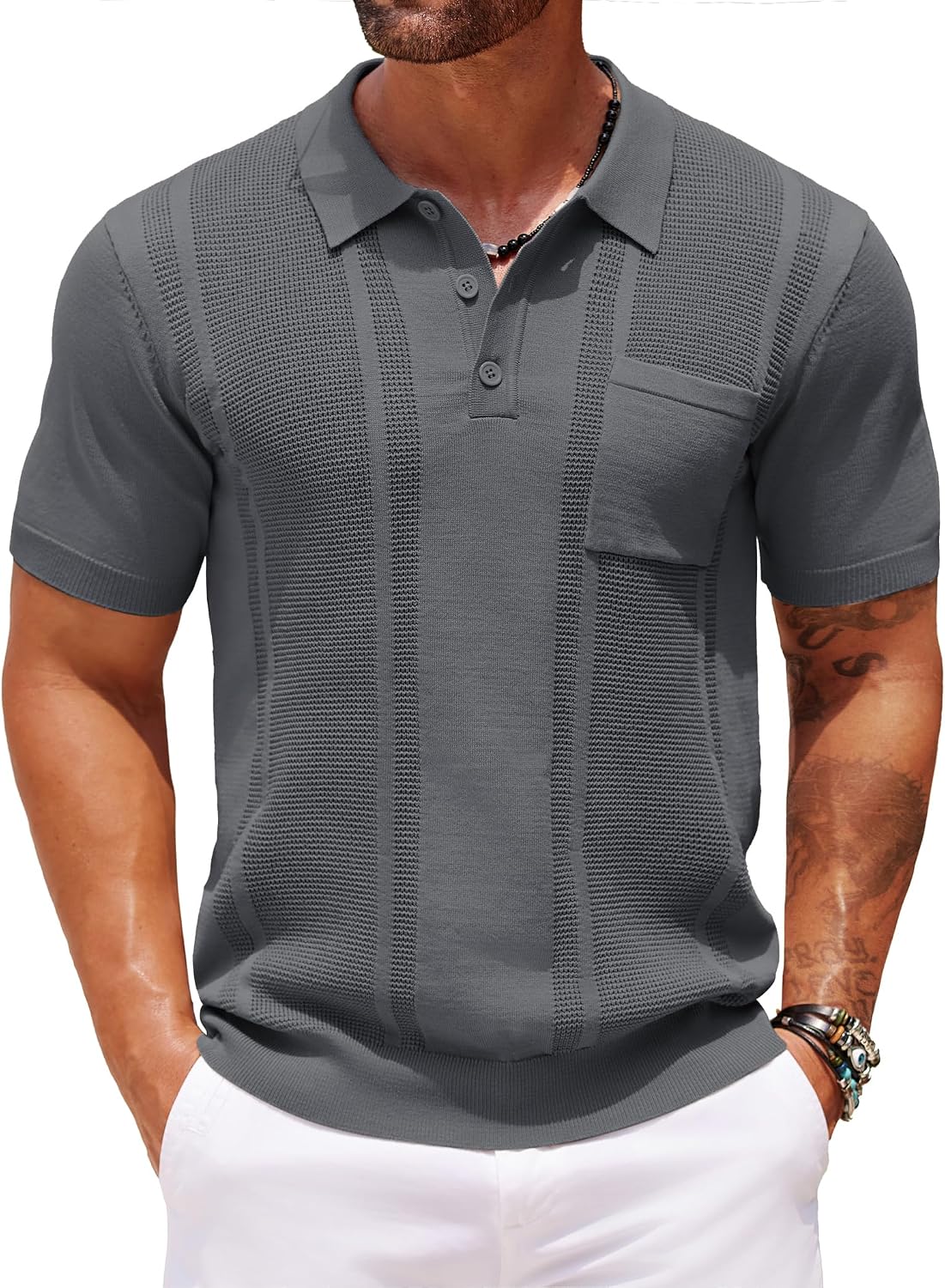 Men's Knit Polo Shirt, Short Sleeve, Textured, with Pocket - Image 14