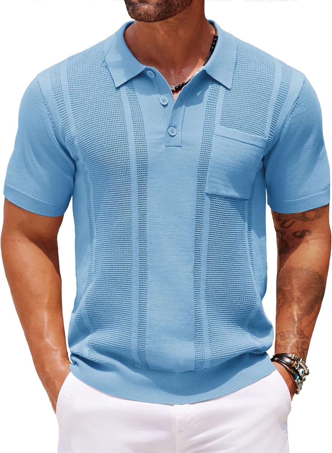 Men's Knit Polo Shirt, Short Sleeve, Textured, with Pocket - Image 8