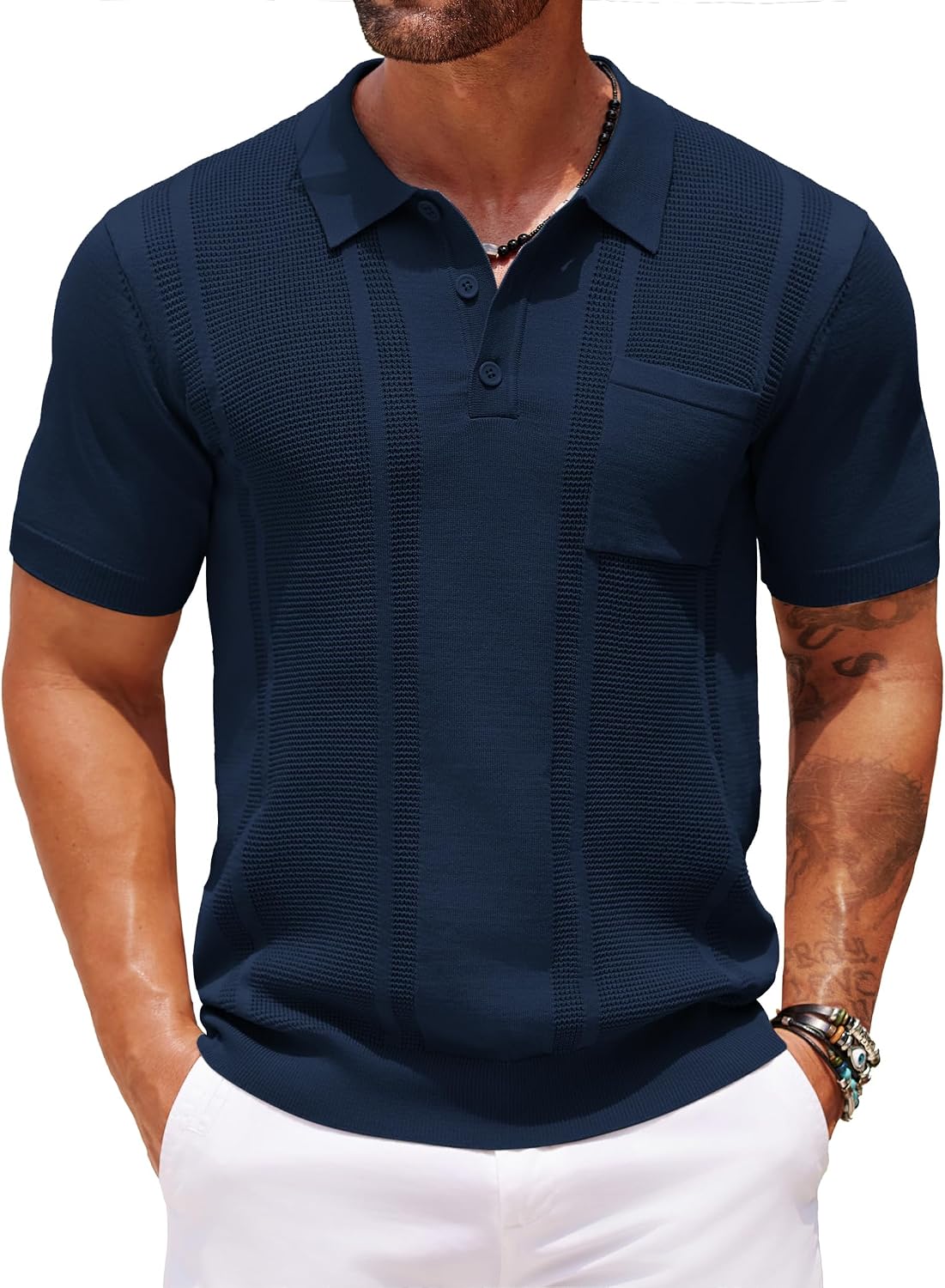 Men's Knit Polo Shirt, Short Sleeve, Textured, with Pocket - Image 9