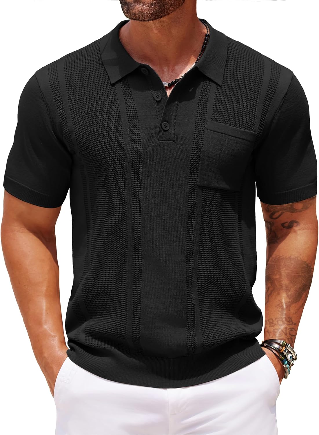 Men's Knit Polo Shirt, Short Sleeve, Textured, with Pocket - Image 16