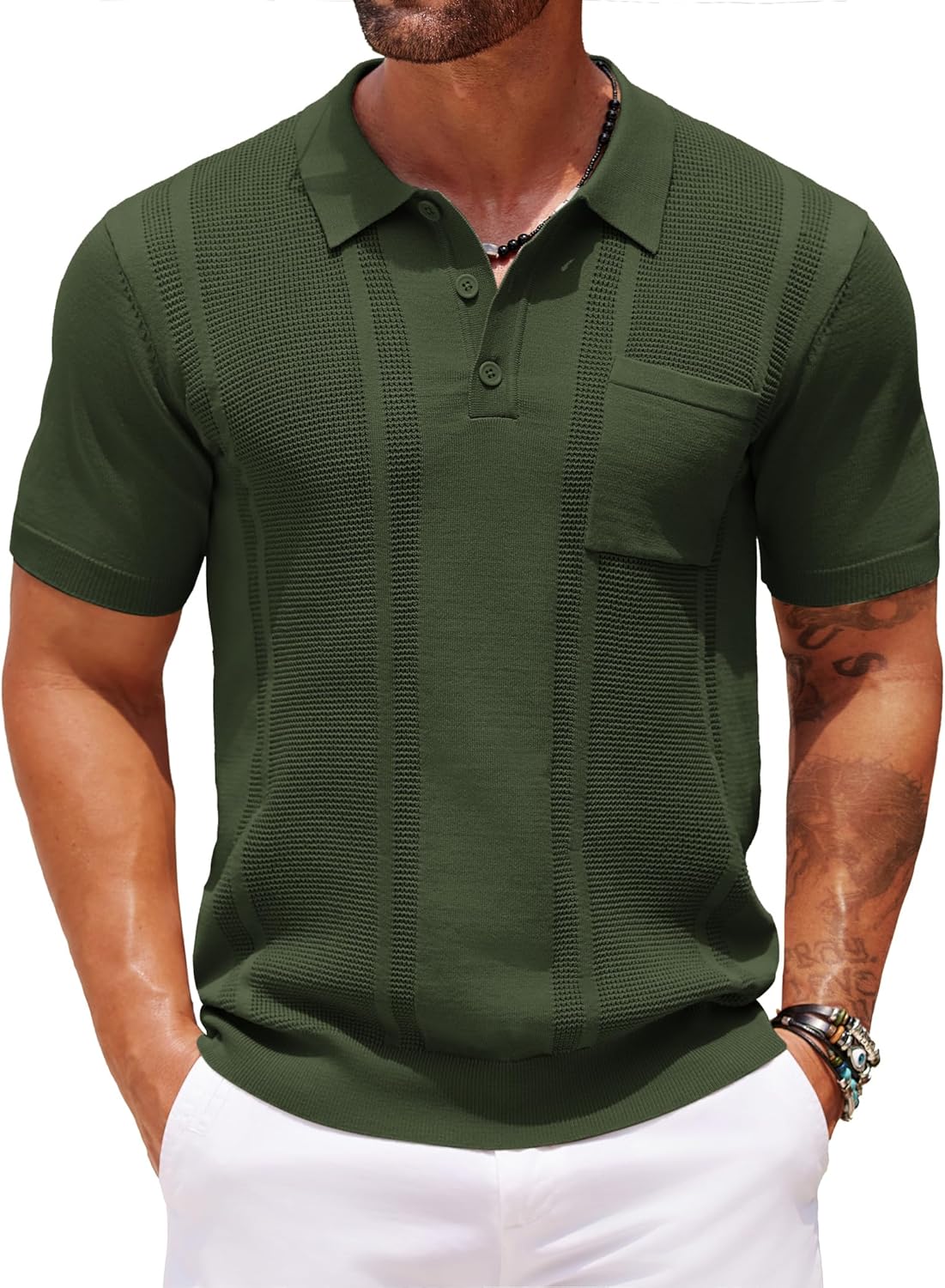 Men's Knit Polo Shirt, Short Sleeve, Textured, with Pocket - Image 11