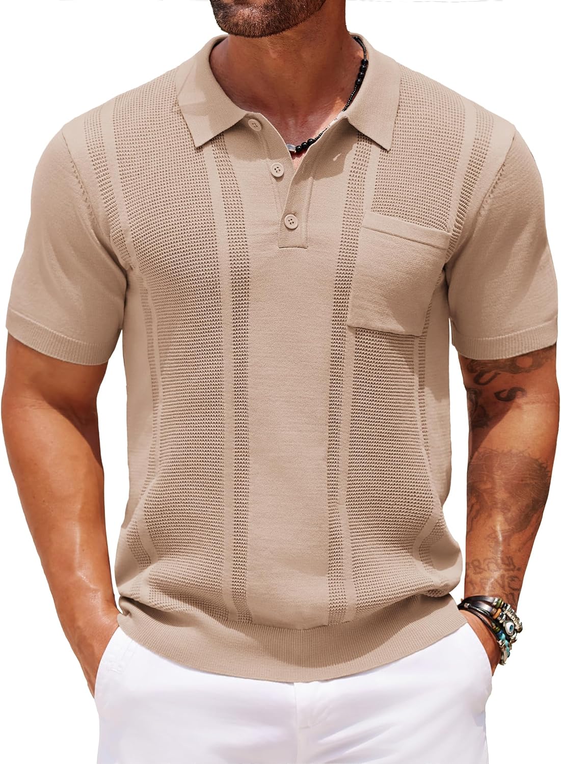 Men's Knit Polo Shirt, Short Sleeve, Textured, with Pocket - Image 17