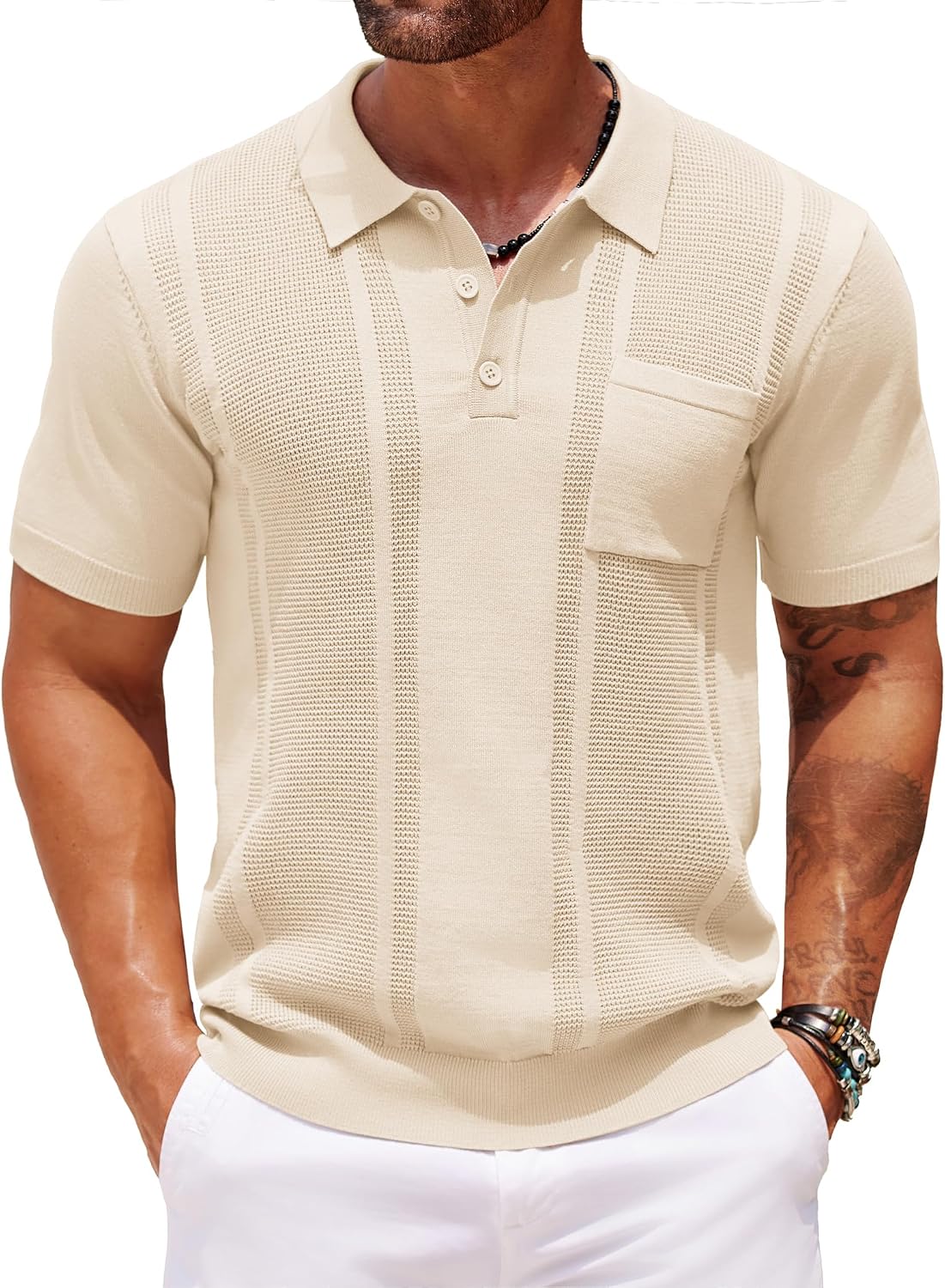 Men's Knit Polo Shirt, Short Sleeve, Textured, with Pocket