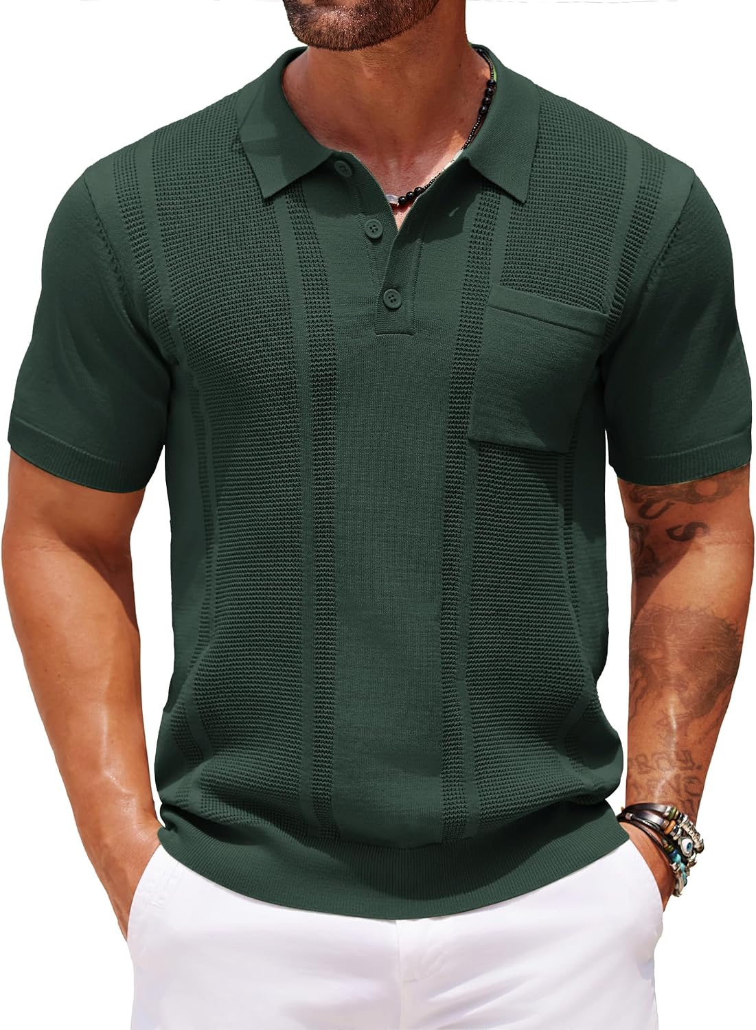 Men's Knit Polo Shirt, Short Sleeve, Textured, with Pocket - Image 20