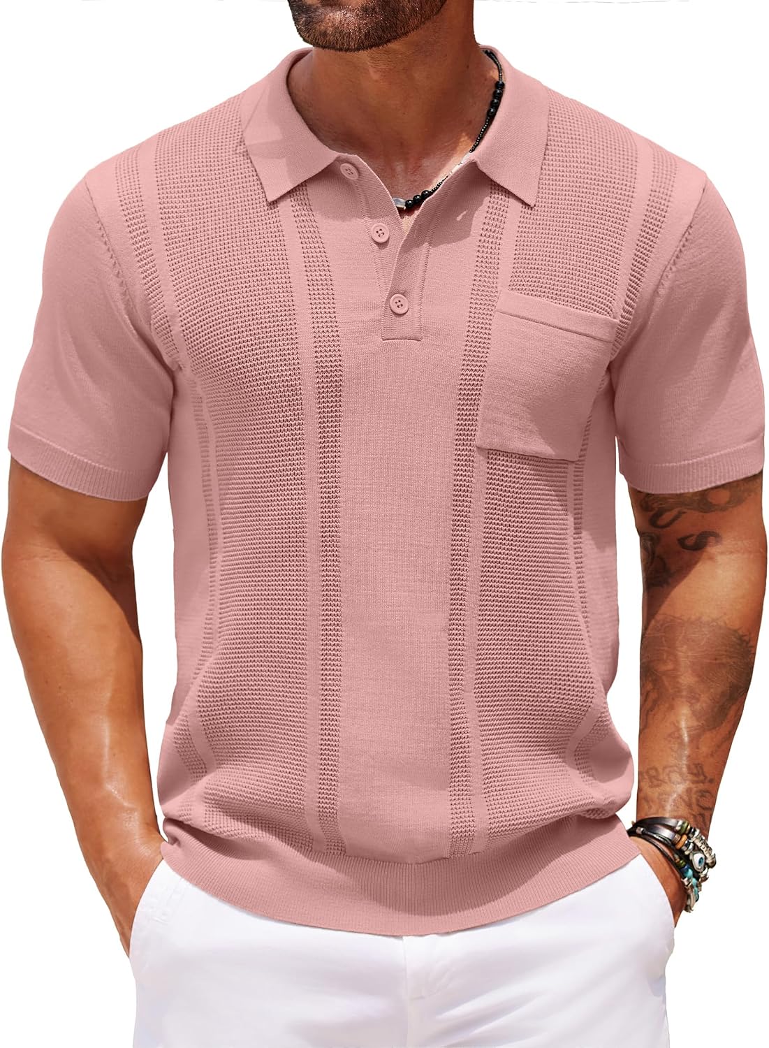 Men's Knit Polo Shirt, Short Sleeve, Textured, with Pocket - Image 18