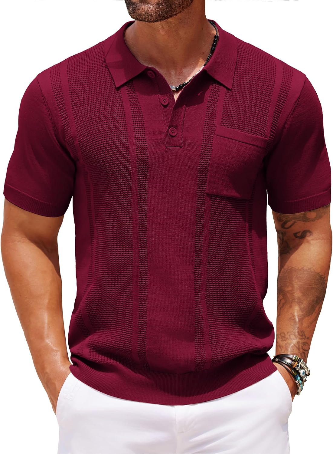 Men's Knit Polo Shirt, Short Sleeve, Textured, with Pocket - Image 19