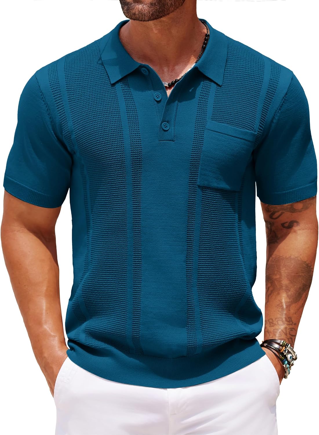 Men's Knit Polo Shirt, Short Sleeve, Textured, with Pocket - Image 21