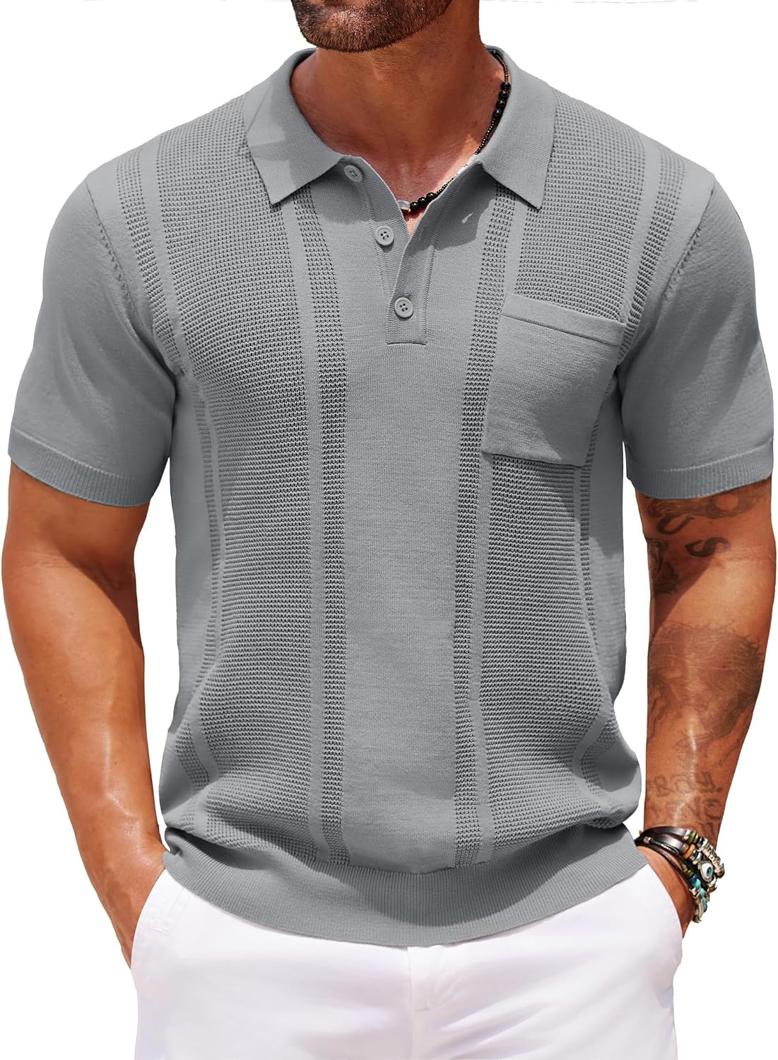 Men's Knit Polo Shirt, Short Sleeve, Textured, with Pocket - Image 12