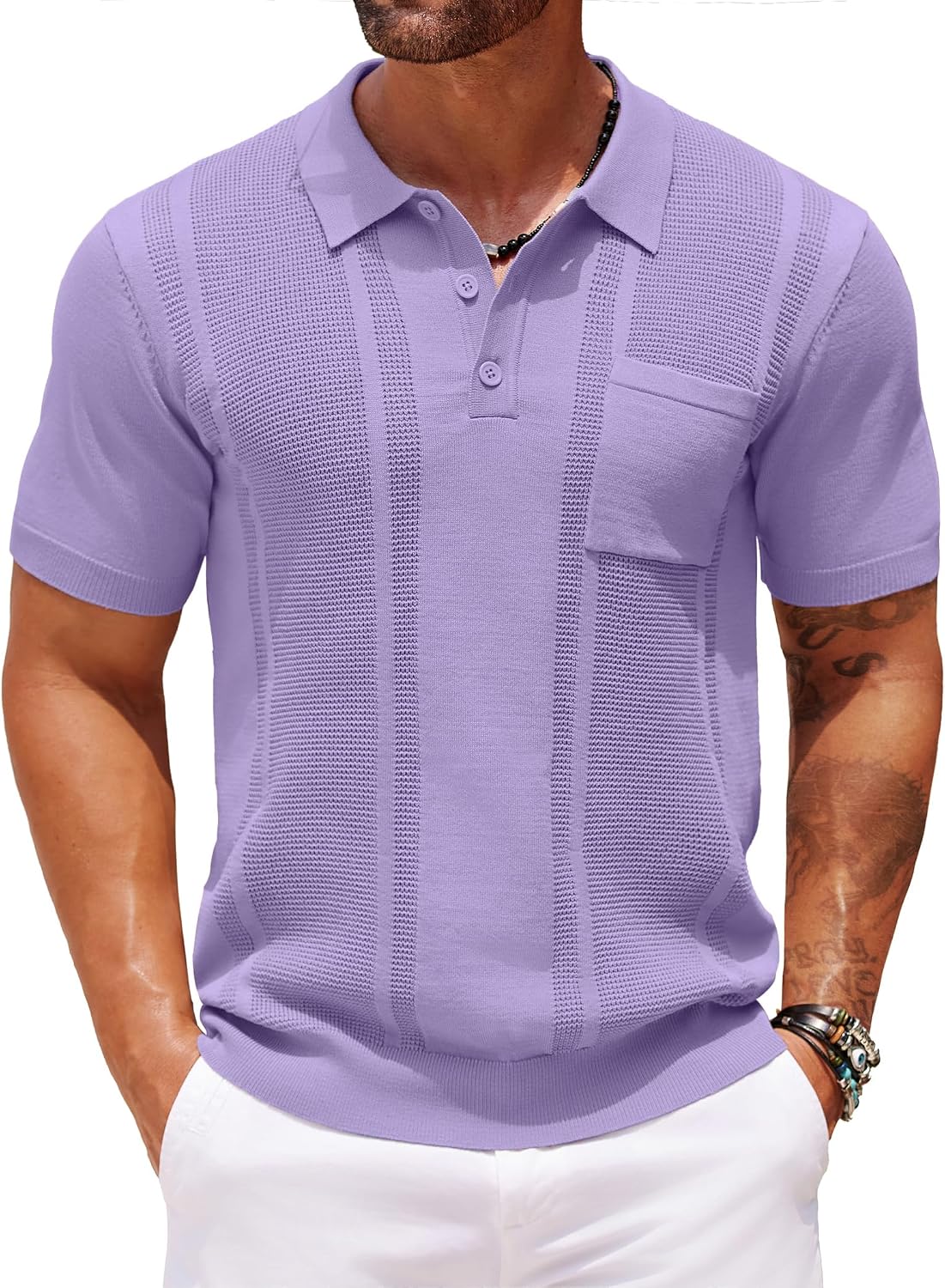 Men's Knit Polo Shirt, Short Sleeve, Textured, with Pocket - Image 13