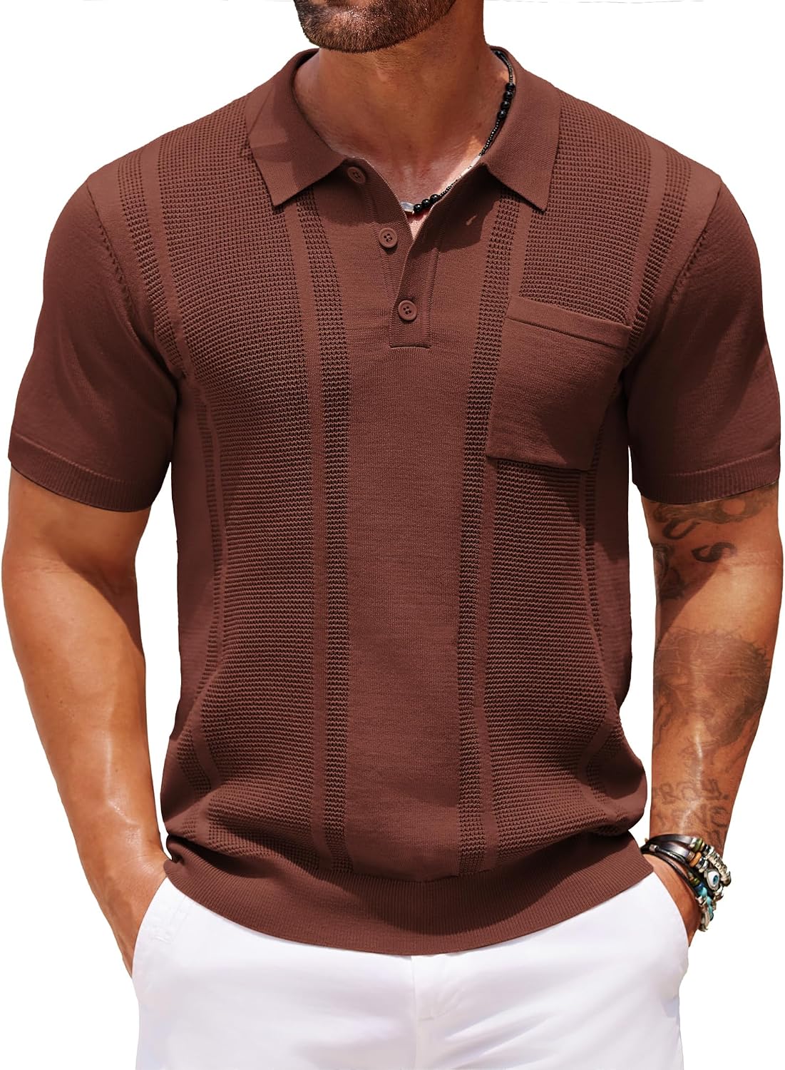 Men's Knit Polo Shirt, Short Sleeve, Textured, with Pocket - Image 10