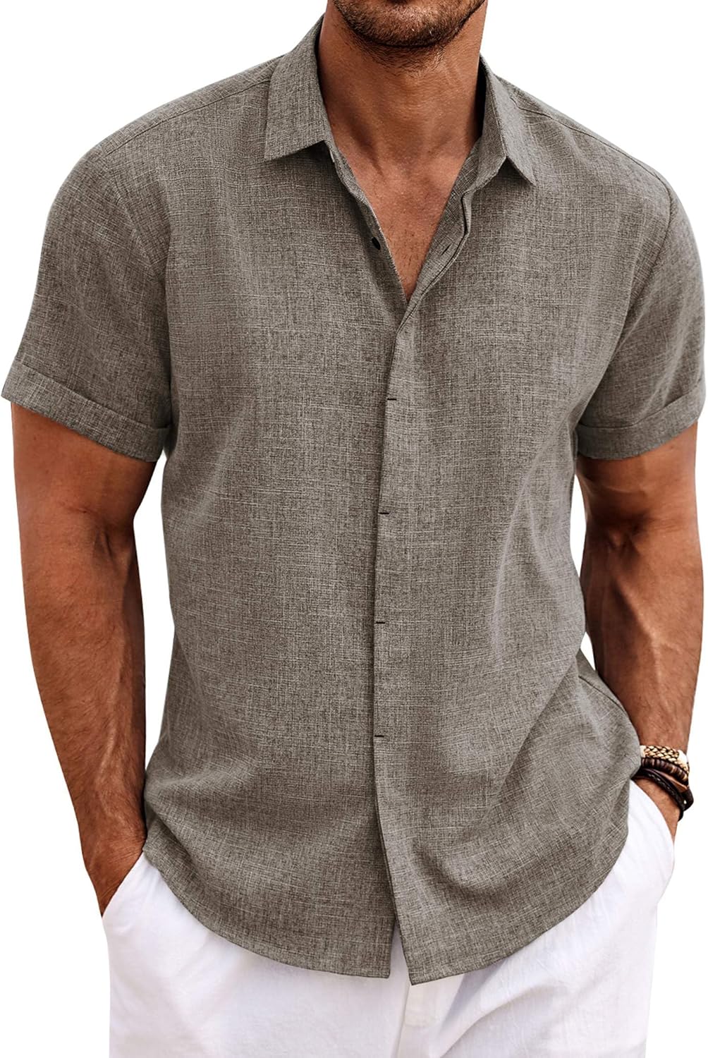 Men's Short Sleeve Button Down Shirt, Linen Blend - Image 11
