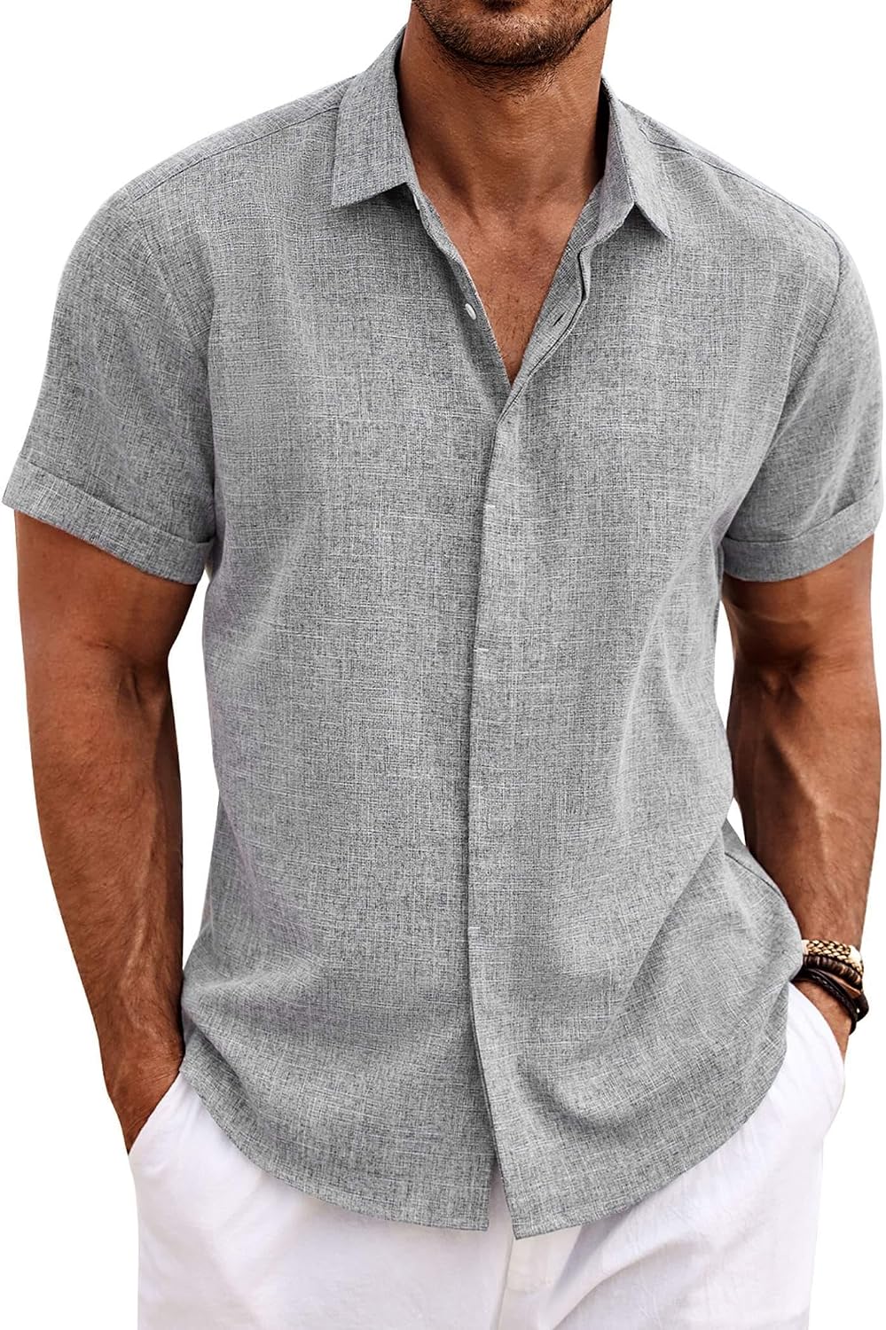 Men's Short Sleeve Button Down Shirt, Linen Blend - Image 25