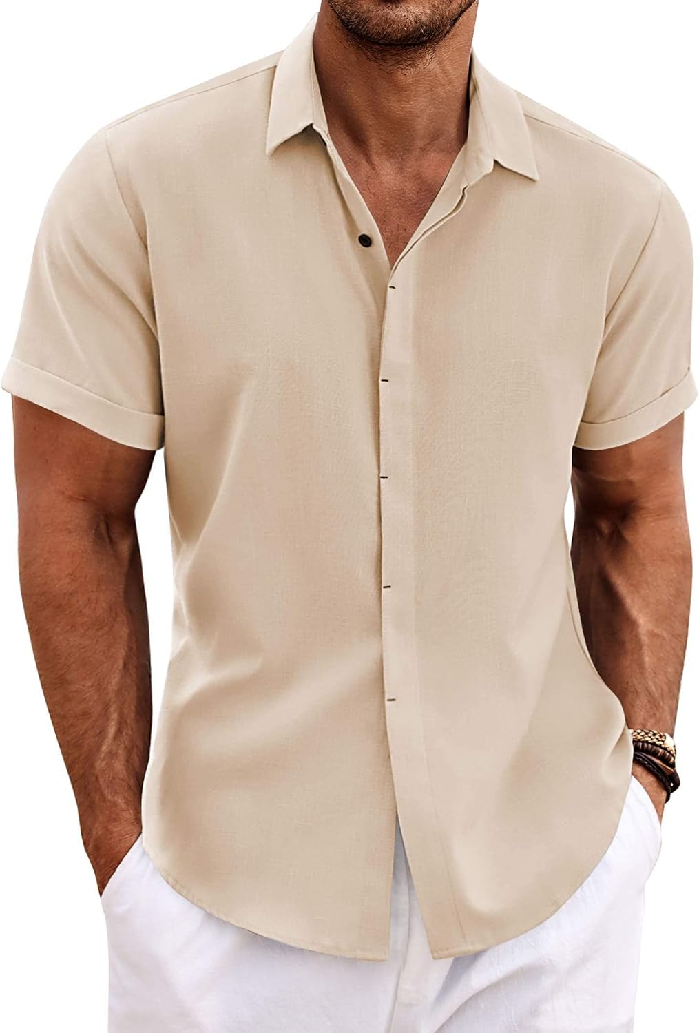 Men's Short Sleeve Button Down Shirt, Linen Blend - Image 24