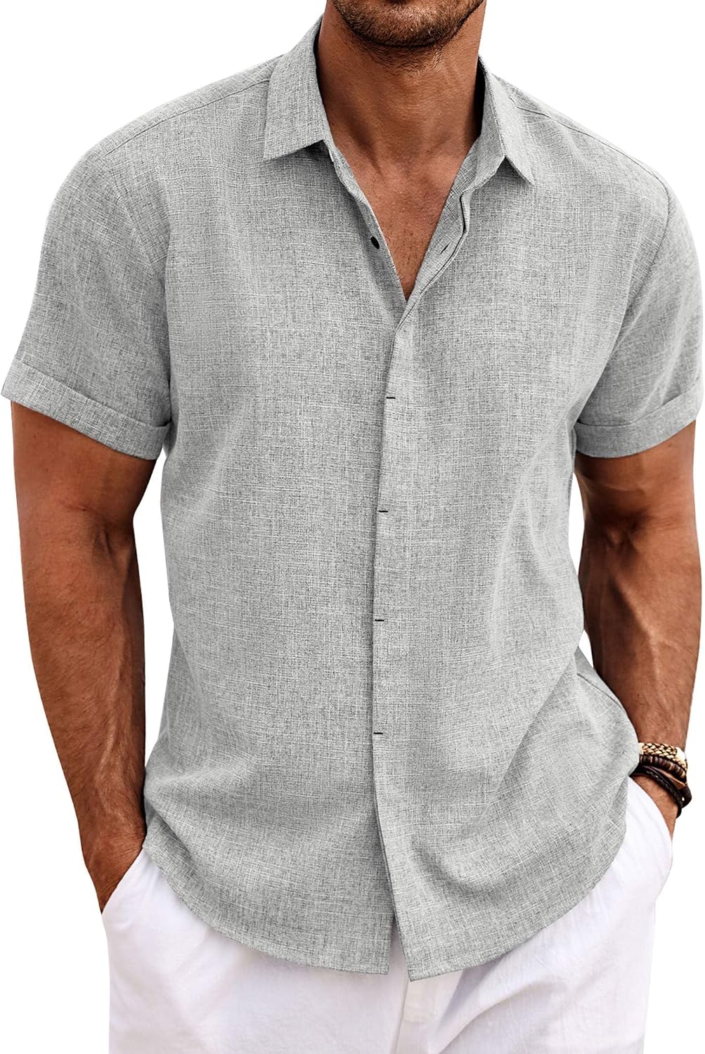 Men's Short Sleeve Button Down Shirt, Linen Blend - Image 37