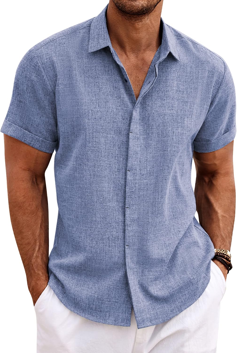 Men's Short Sleeve Button Down Shirt, Linen Blend - Image 22