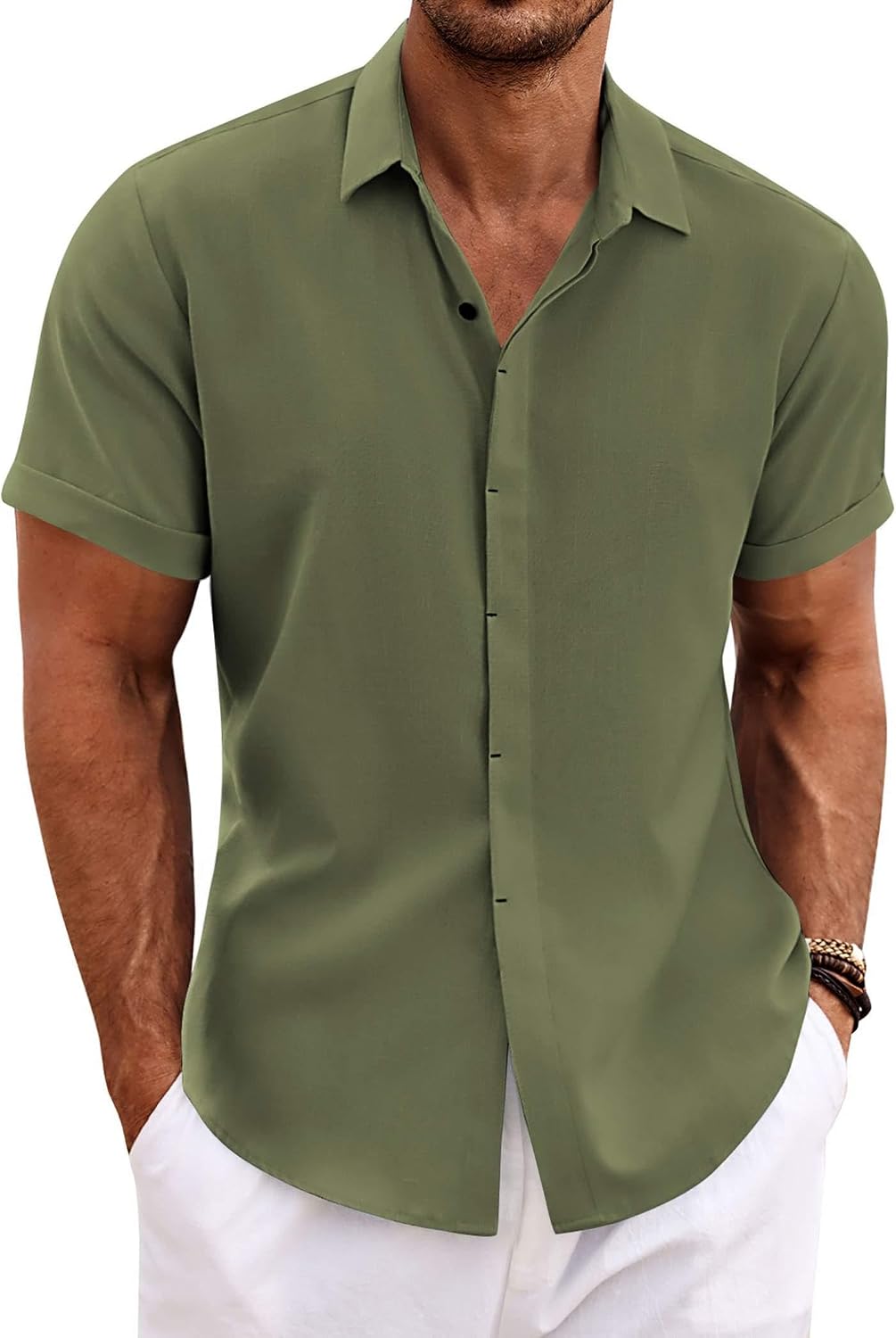 Men's Short Sleeve Button Down Shirt, Linen Blend - Image 16
