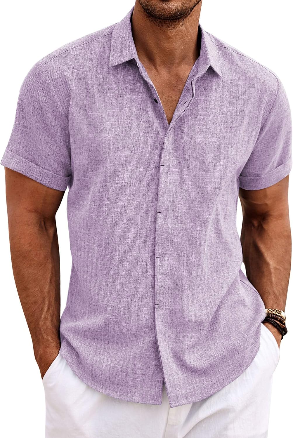 Men's Short Sleeve Button Down Shirt, Linen Blend - Image 30