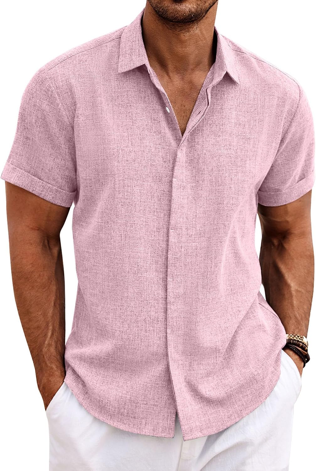 Men's Short Sleeve Button Down Shirt, Linen Blend - Image 44