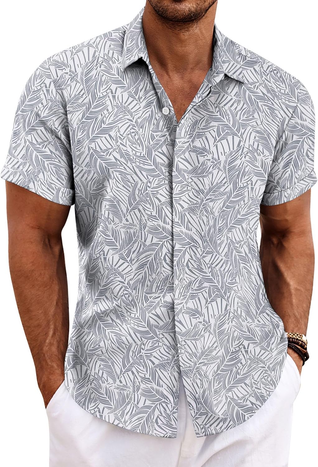Men's Short Sleeve Button Down Shirt, Linen Blend - Image 41