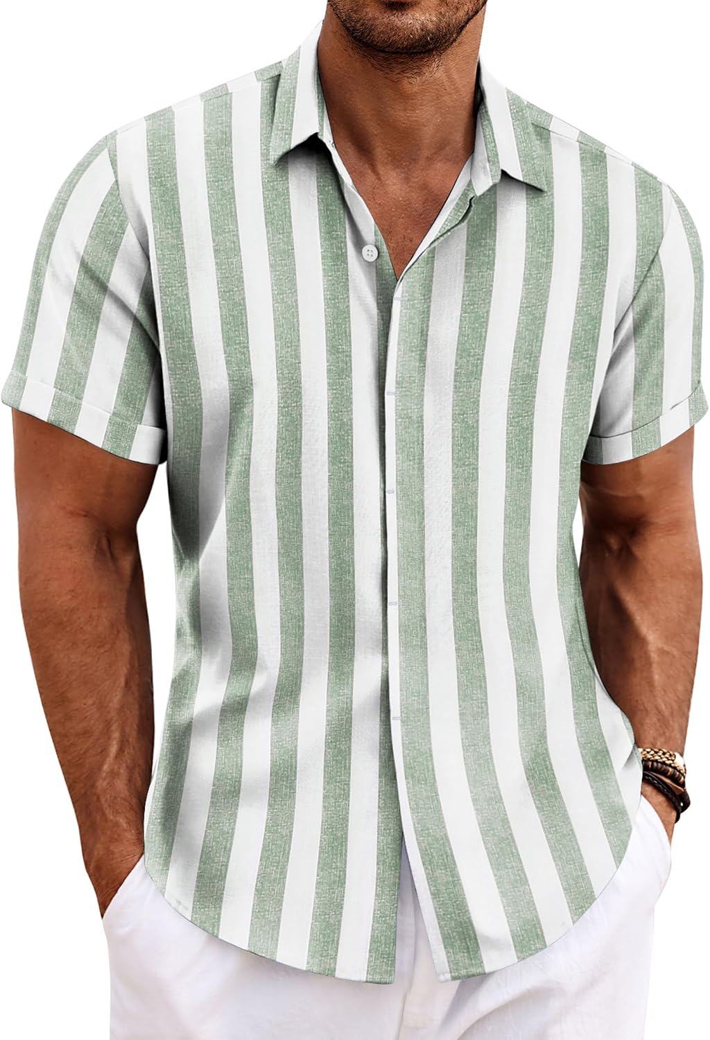 Men's Short Sleeve Button Down Shirt, Linen Blend - Image 27