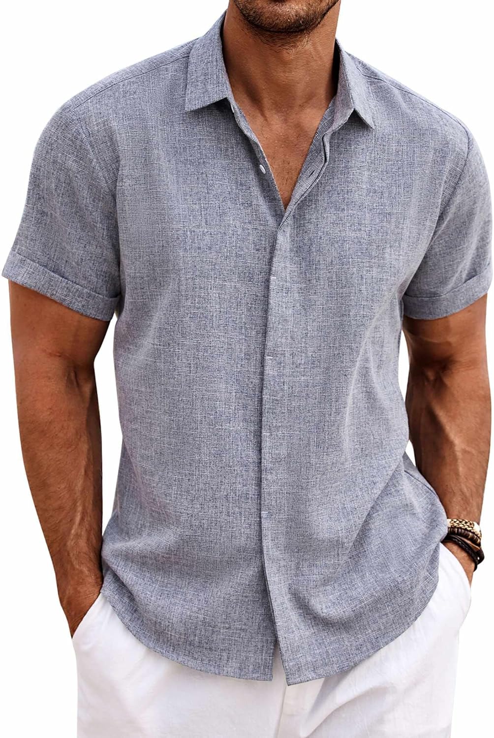 Men's Short Sleeve Button Down Shirt, Linen Blend