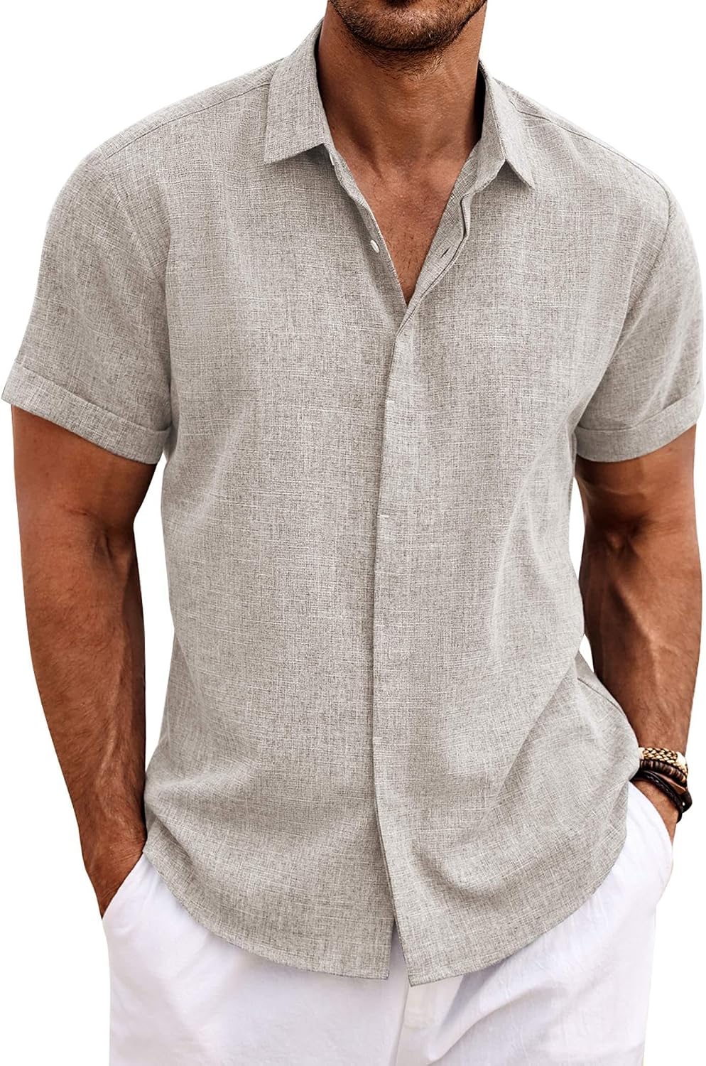 Men's Short Sleeve Button Down Shirt, Linen Blend - Image 28