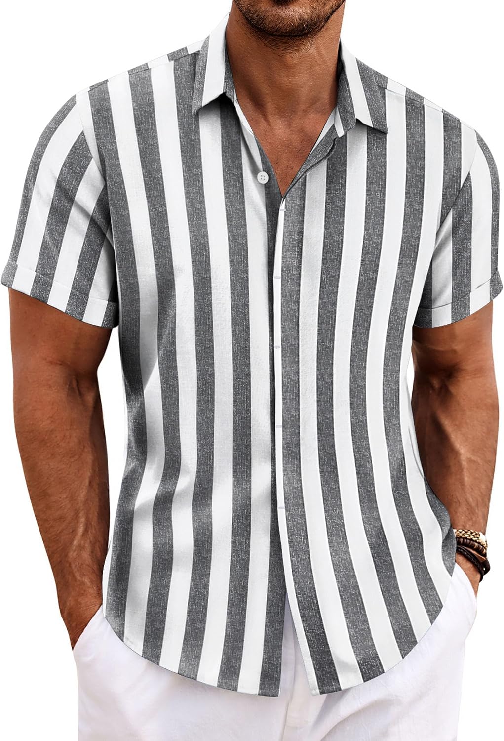 Men's Short Sleeve Button Down Shirt, Linen Blend - Image 7