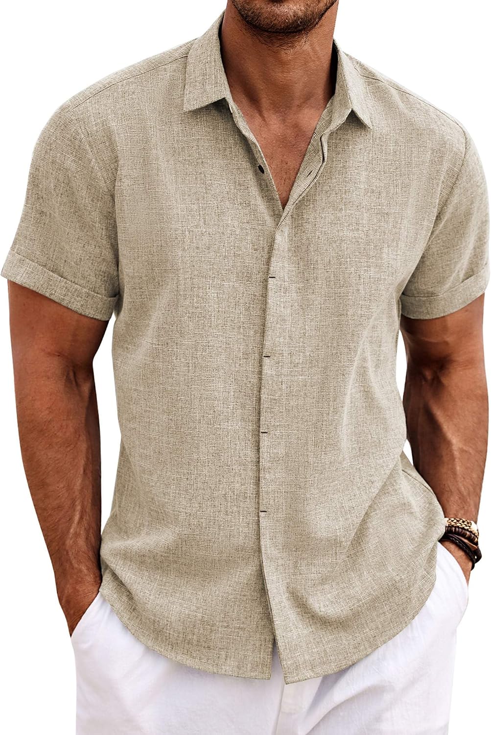 Men's Short Sleeve Button Down Shirt, Linen Blend - Image 20