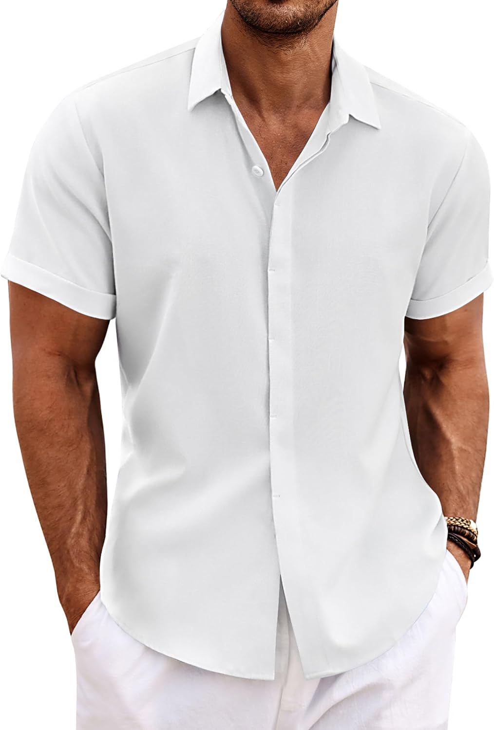 Men's Short Sleeve Button Down Shirt, Linen Blend - Image 33