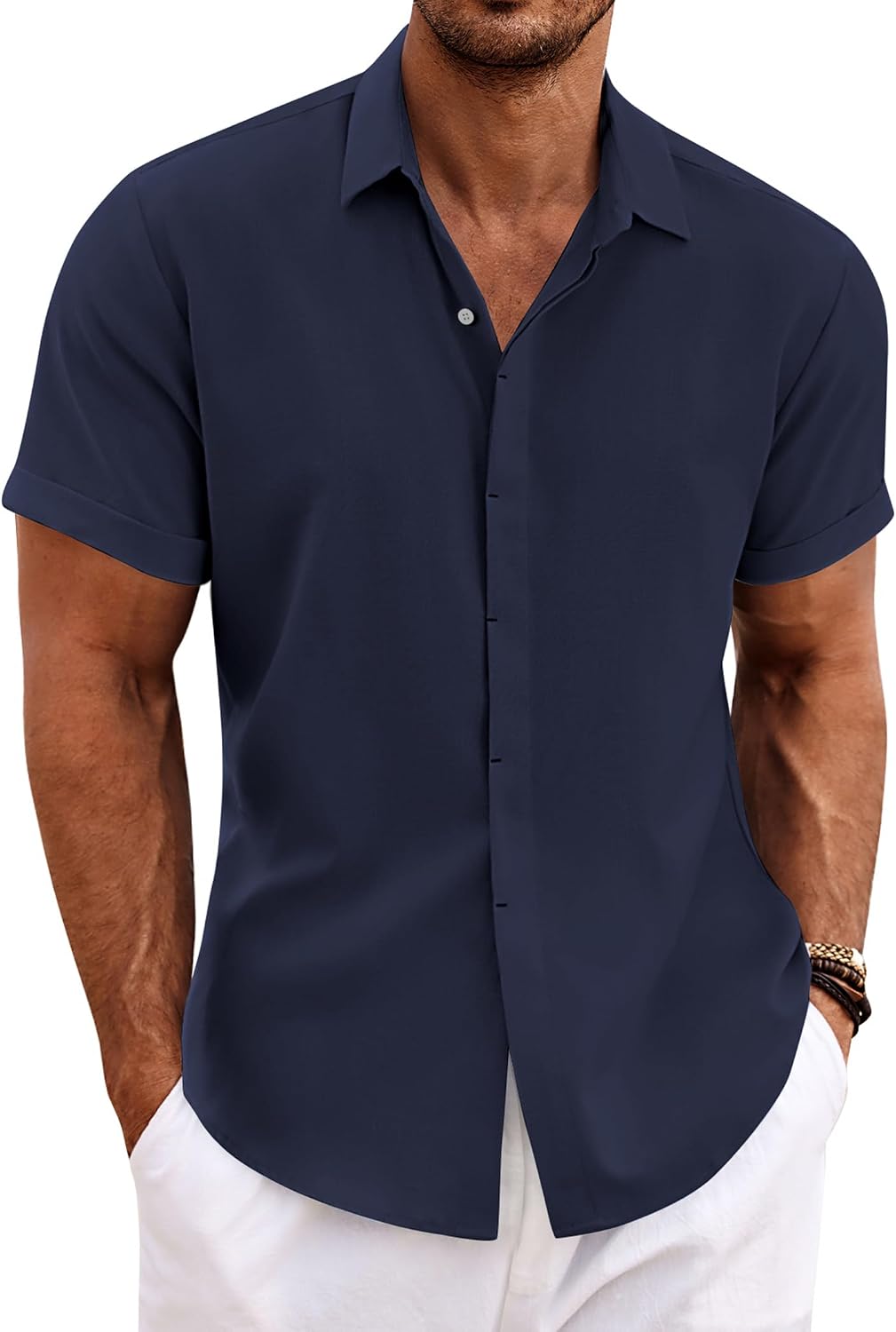 Men's Short Sleeve Button Down Shirt, Linen Blend - Image 15