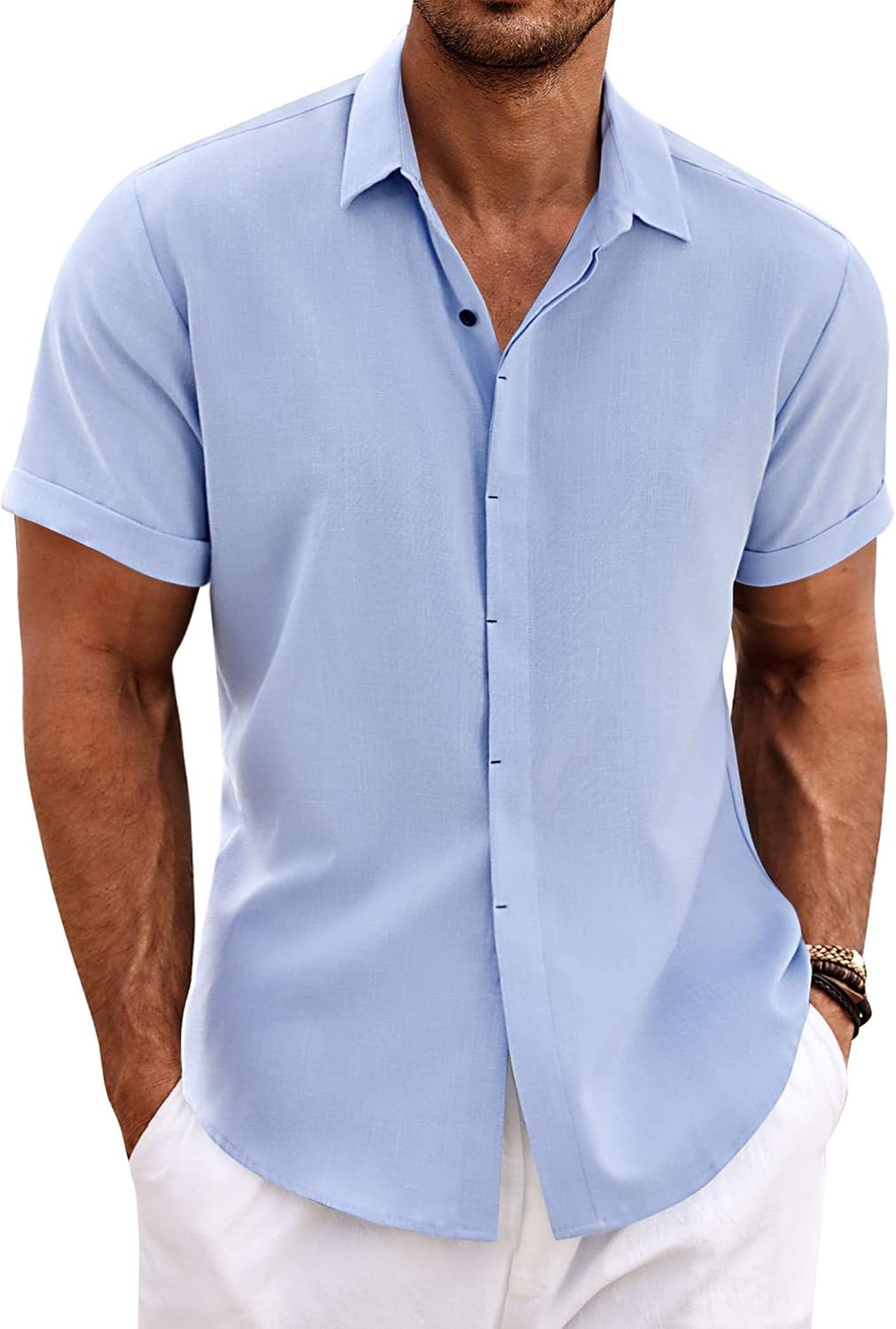 Men's Short Sleeve Button Down Shirt, Linen Blend - Image 19