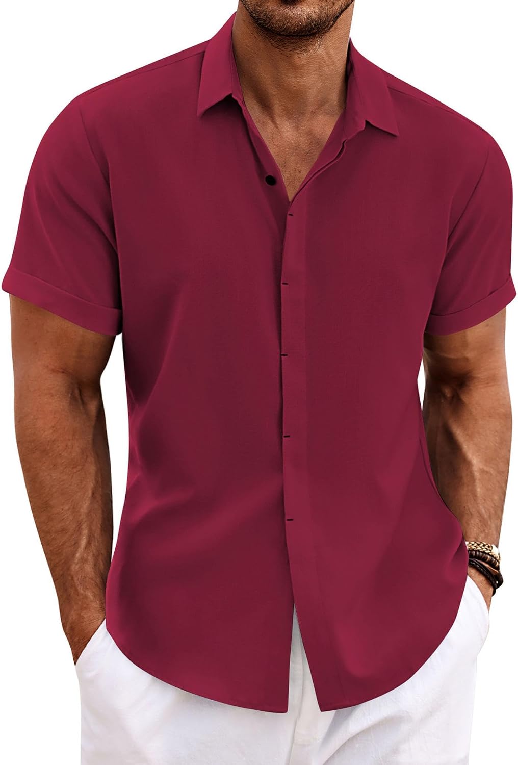 Men's Short Sleeve Button Down Shirt, Linen Blend - Image 10