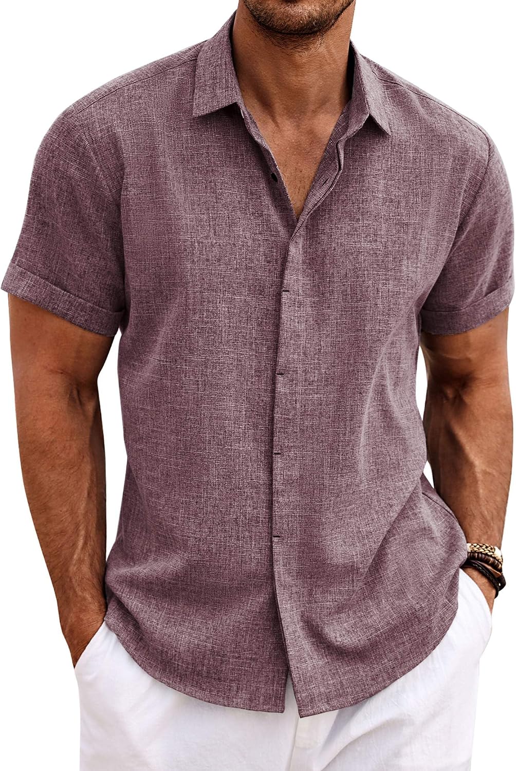 Men's Short Sleeve Button Down Shirt, Linen Blend - Image 12