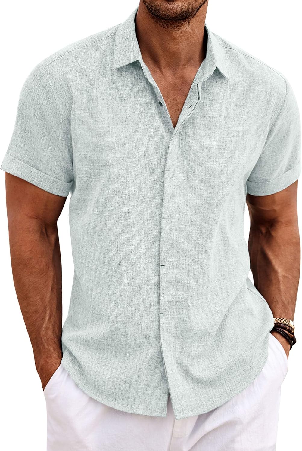 Men's Short Sleeve Button Down Shirt, Linen Blend - Image 9
