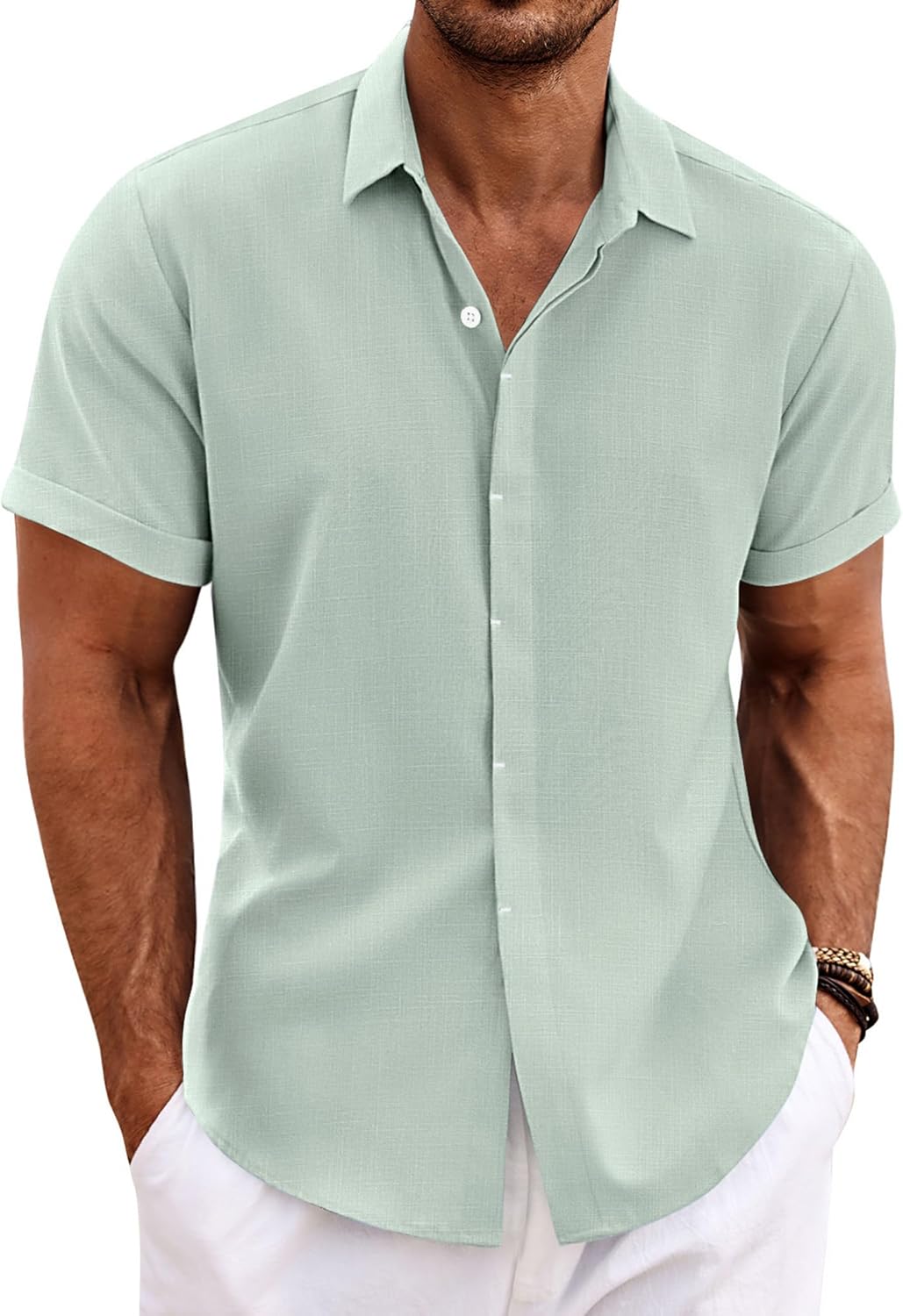 Men's Short Sleeve Button Down Shirt, Linen Blend - Image 40