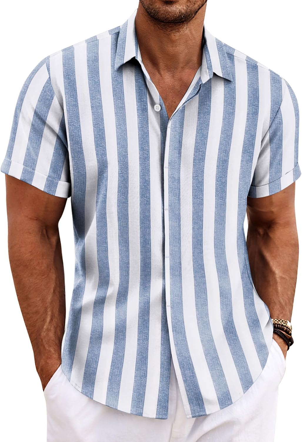 Men's Short Sleeve Button Down Shirt, Linen Blend - Image 21